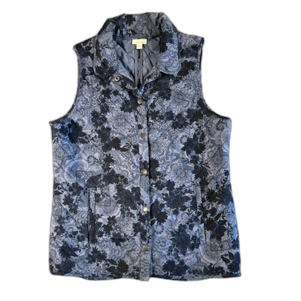 J. Jill Women's Quilted Vest Small Blue Floral Paisley Button Front Sleeveless C